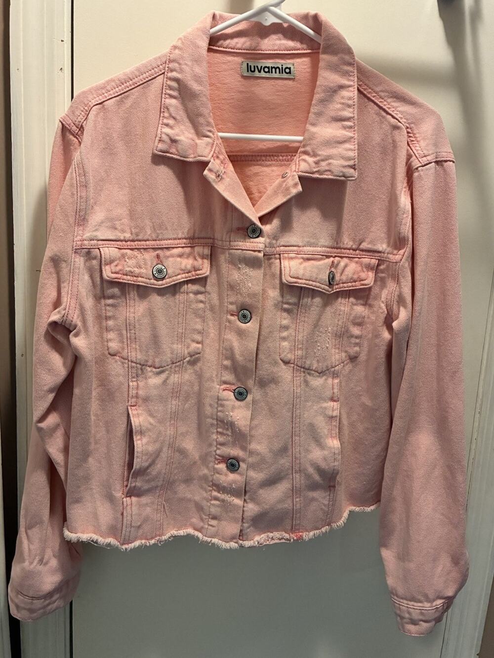 Luvamia Women's Pink Denim Jacket Button-Up, Long Sleeve, Size Large
